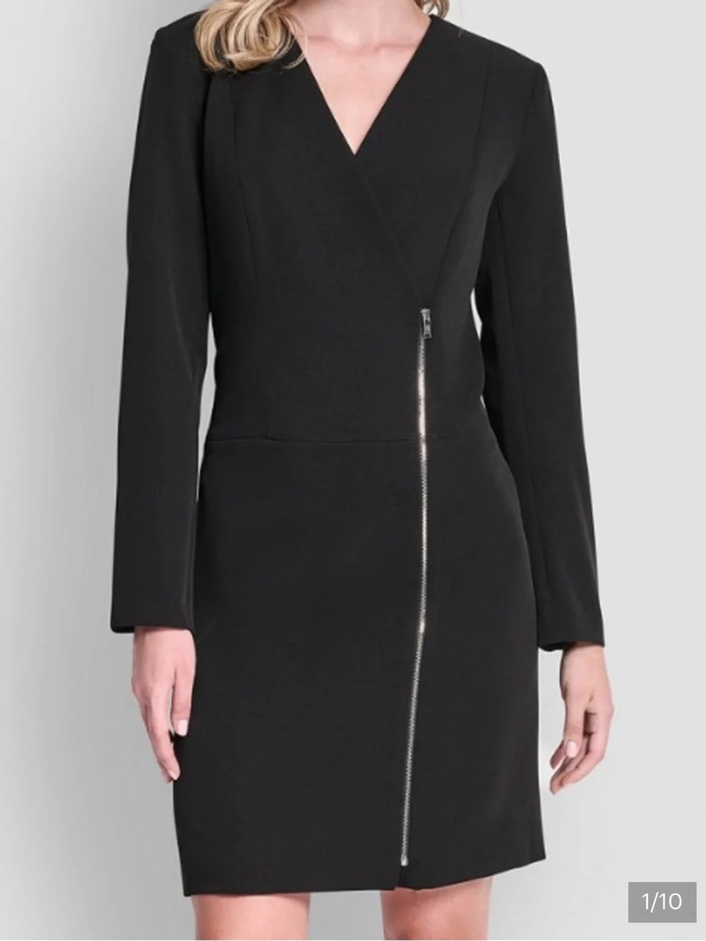 Dkny Black Long-Sleeve V-Neck Dress with Asymmetric Zip